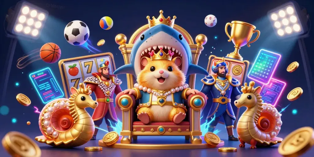 Experience slot gacor excitement with a golden hamster king among vibrant casino symbols and dynamic sports betting elements.