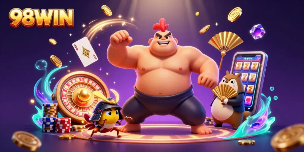 Engage in thrilling 98WIN casino action with dynamic characters and vibrant game elements.