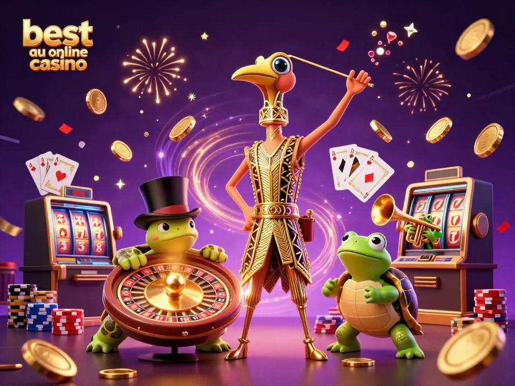Join in the excitement at the best AU online casino with a lively scene featuring cartoon characters and dynamic gaming elements.
