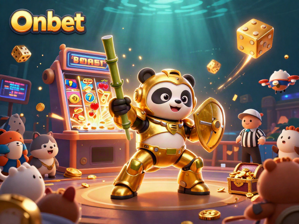 Experience the thrill of winning at Onbet with an epic cartoon-style casino battle featuring a golden panda mech.