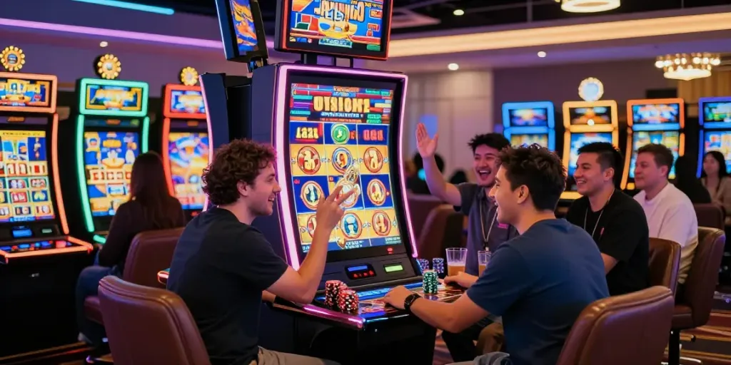 Slot88 di kasino dengan pemain bersemangat merayakan kemenangan jackpot.