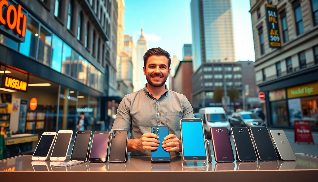 Sell phone for instant cash to a customer in a vibrant urban setting.