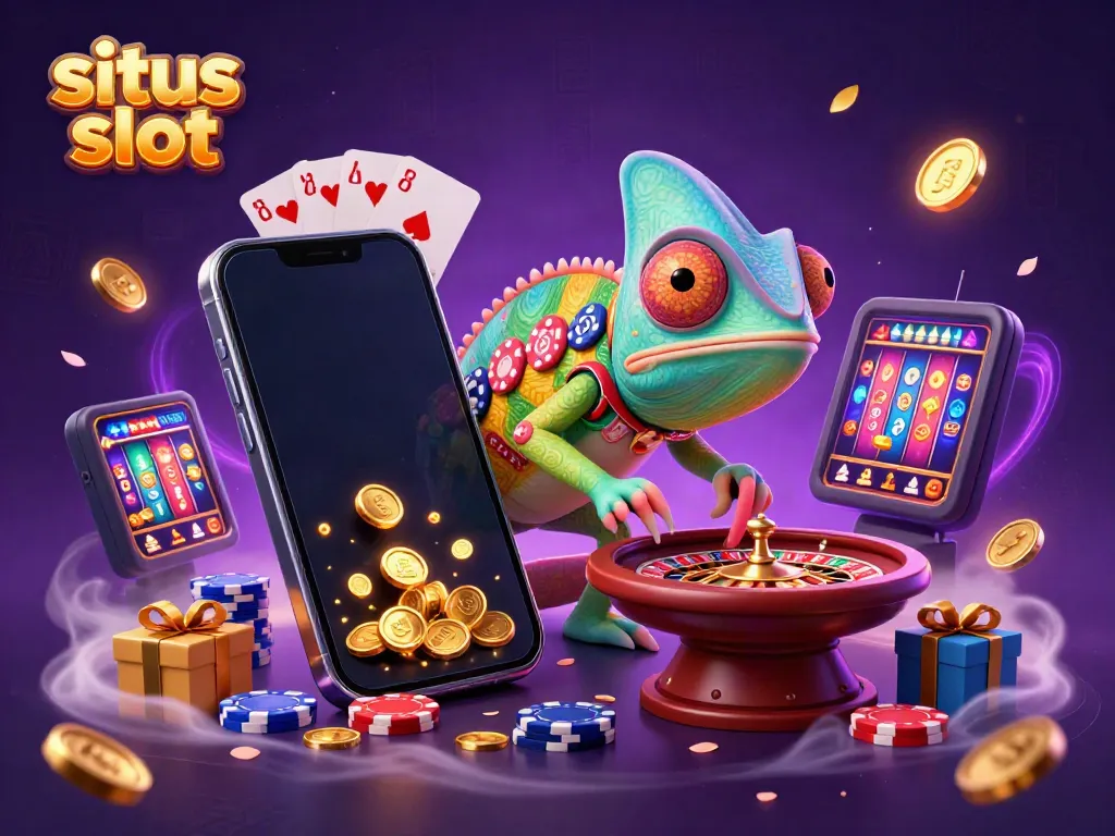 Menangkan di situs slot dengan chameleon kasino, smartphone slot game, dan koin emas yang terbang.