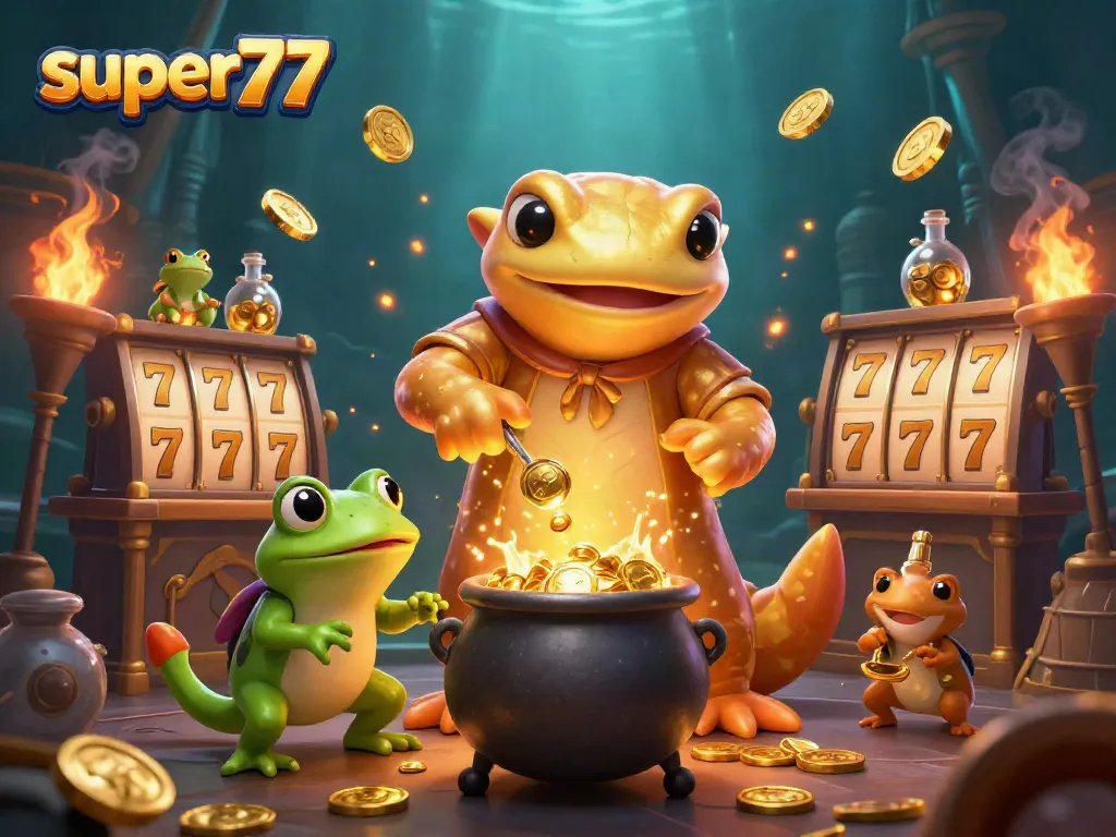 Experience the thrill of super77 slot gaming with golden alchemist characters in a vibrant casino atmosphere.