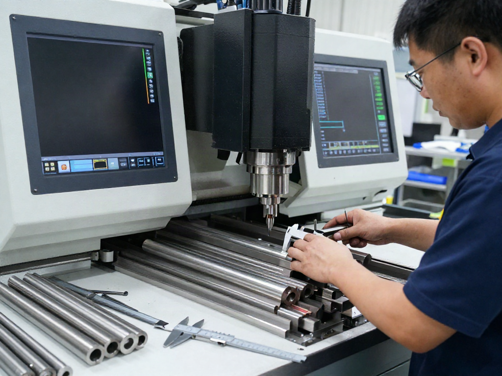 Custom stainless steel parts being machined in a professional workshop environment.