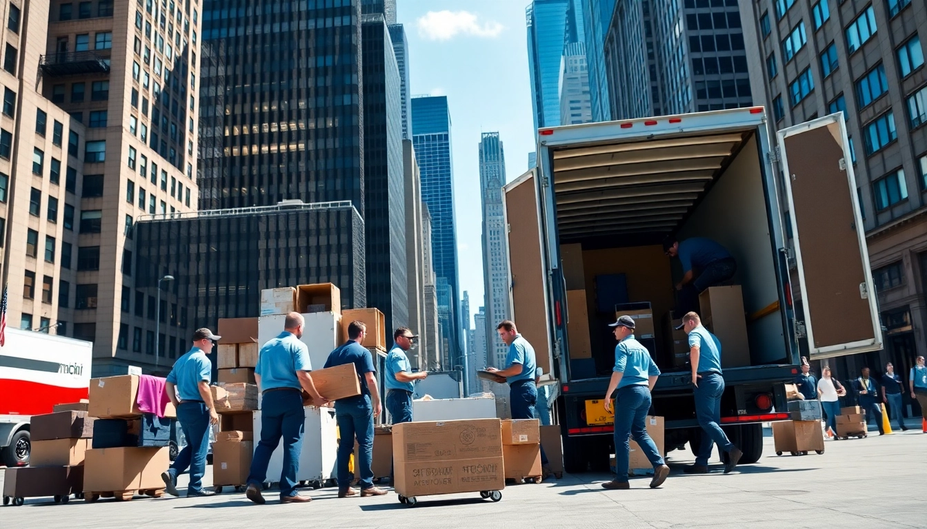 Efficient office moving services NYC team packing and loading in a bustling New York backdrop.