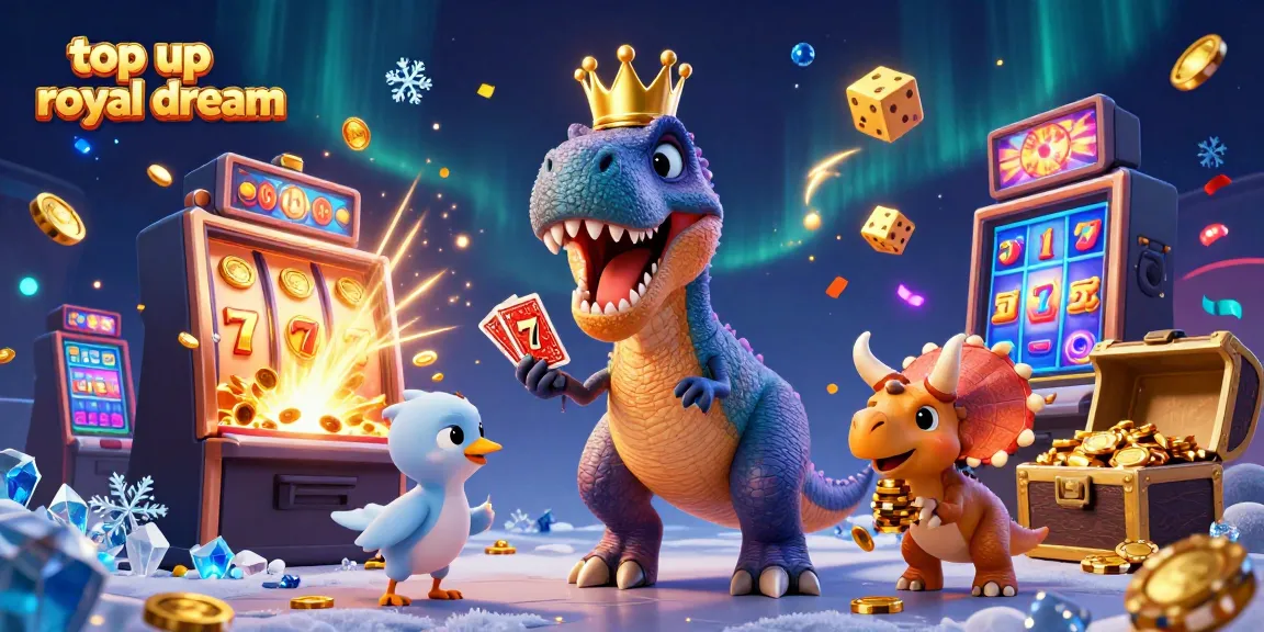 Top up royal dream dengan T-Rex lucu dan triceratops tumpuk chip emas di dunia permainan kasino.