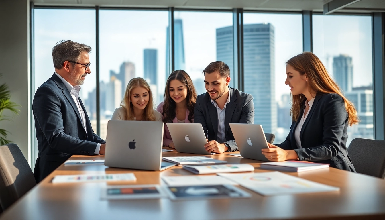 Team strategizing digital marketing agency services in a vibrant workspace.
