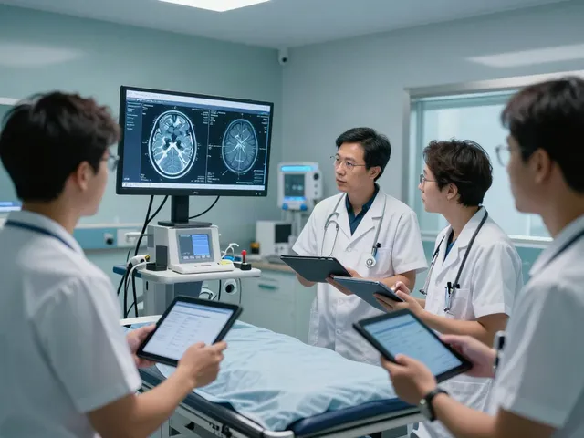 Telestroke medicine consultation in a modern healthcare setting with professionals working on patient diagnosis.