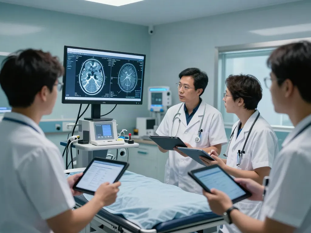 Telestroke medicine consultation in a modern healthcare setting with professionals working on patient diagnosis.