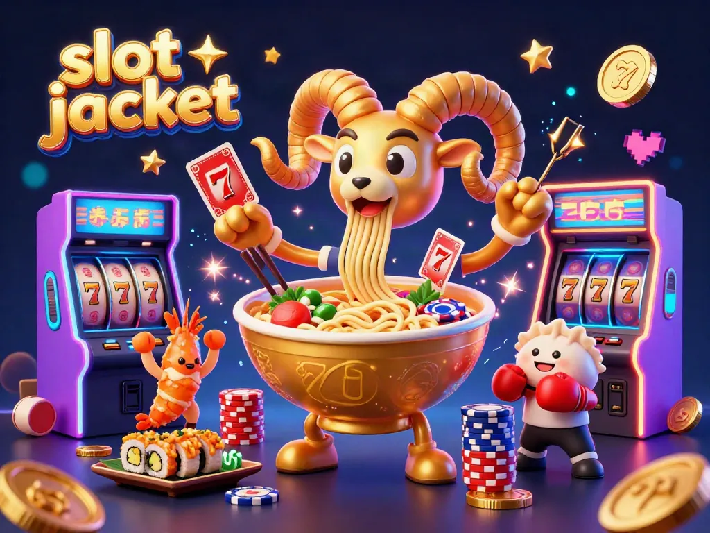 Engage in thrilling slot jackpot gaming surrounded by a vibrant pastel scene featuring a giant ramen bowl, sushi dealer, and cheerful tempura shrimp.