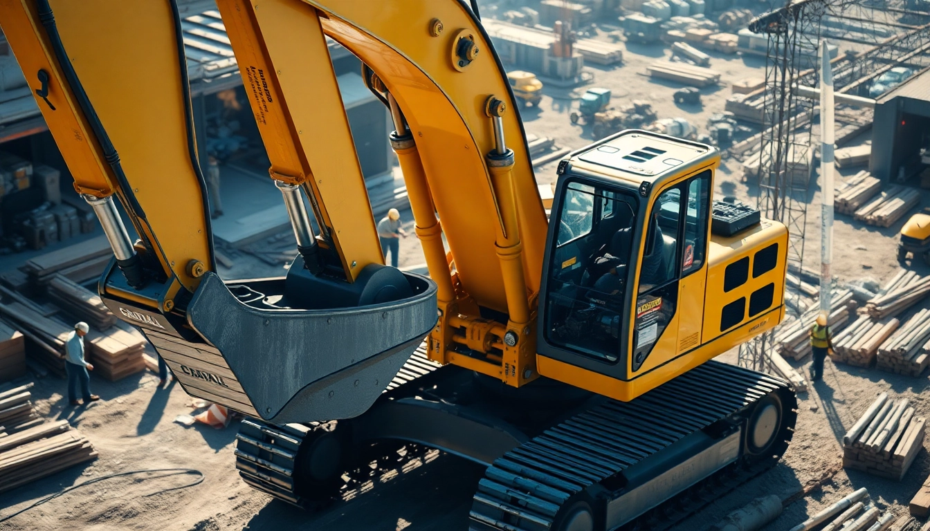 Gradall excavator efficiently lifting materials on a busy construction site.