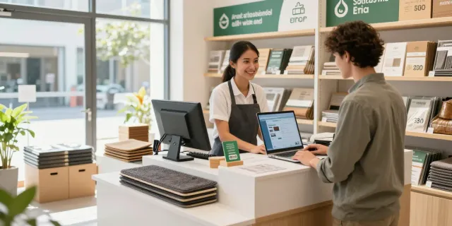 Shopsmart eco-friendly retail space with staff assisting customers.
