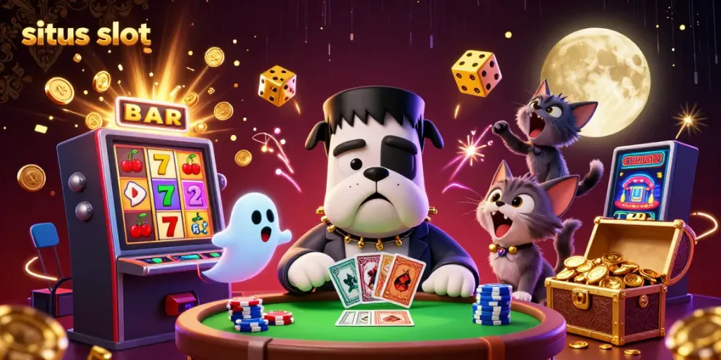 Gambaran situs slot dengan bulldog Frankenstein, kucing werewolf, dan mouse hantu bermain kartu di meja hijau