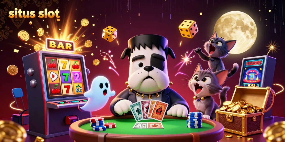 Gambaran situs slot dengan bulldog Frankenstein, kucing werewolf, dan mouse hantu bermain kartu di meja hijau