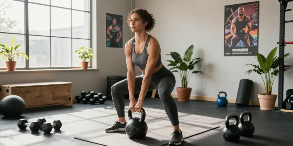 Discover tirzepatide in a dynamic gym scene featuring a fitness enthusiast engaged in a kettlebell workout, surrounded by gym equipment.