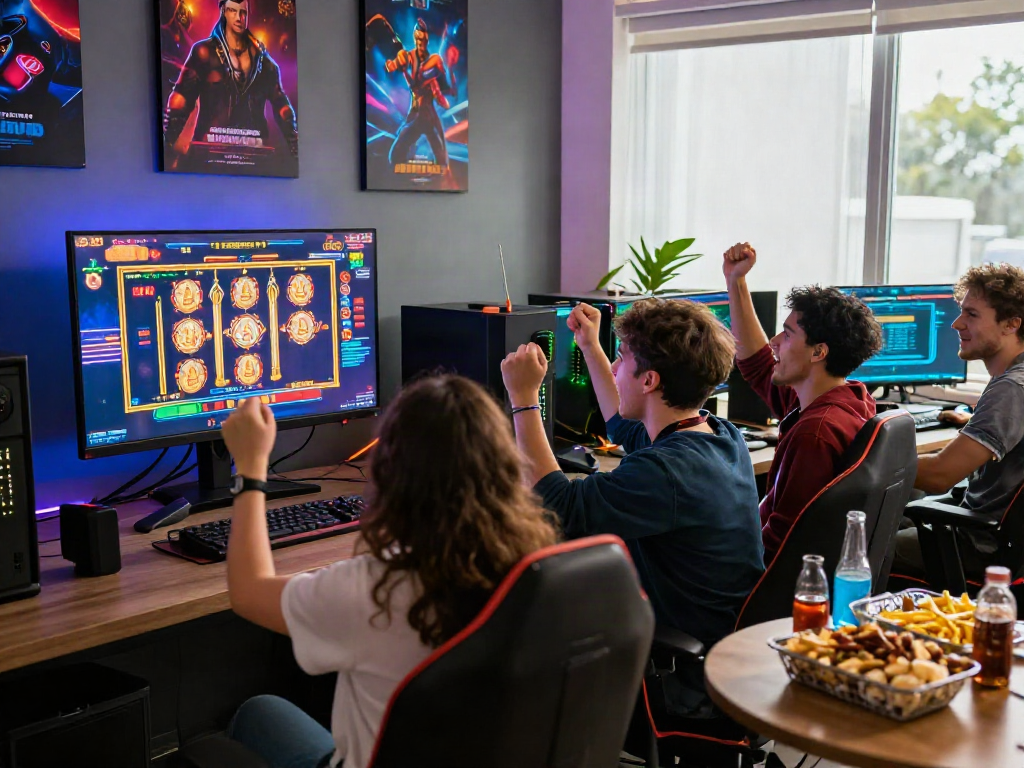 Group of friends celebrating a slot jackpot win in a lively gaming room, showcasing excitement and camaraderie.