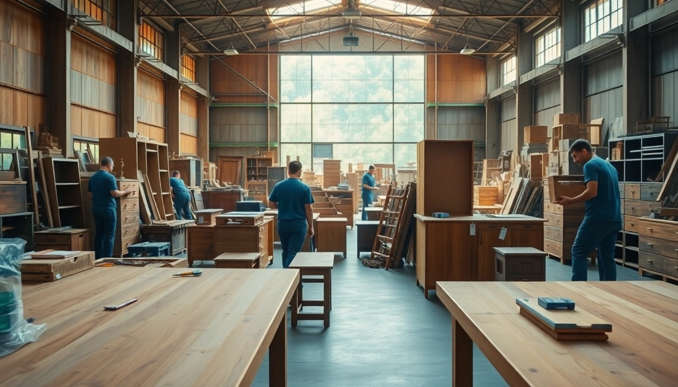 Engaging in furniture recycling at a sustainable facility showcasing eco-friendly practices.
