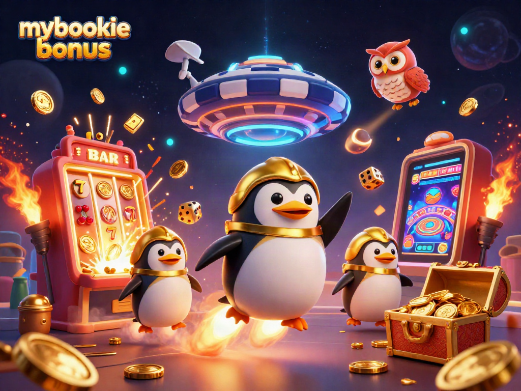 Experience mybookie bonus with a golden penguin soaring towards casino rewards in a vibrant world