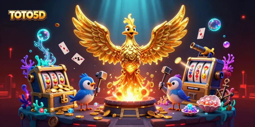 TOTO5D promotes exhilarating wins with a golden phoenix and vibrant slot elements.