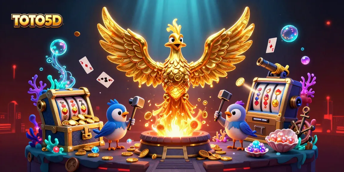 TOTO5D promotes exhilarating wins with a golden phoenix and vibrant slot elements.