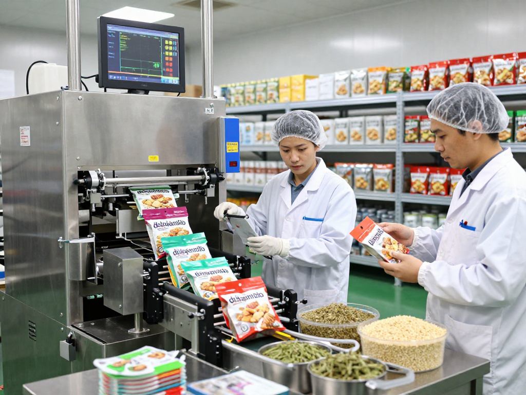 Proses pengemasan delapantoto di pabrik modern, dengan pekerja mengawasi jalur produksi yang efisien.