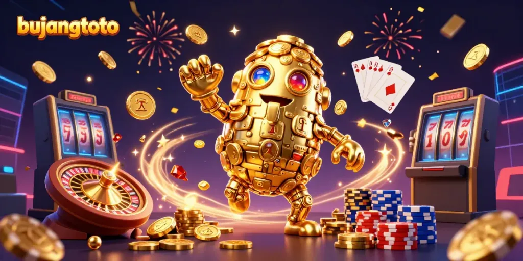Engage in exciting gameplay with bujangtoto, featuring vibrant slot machines and golden elements.