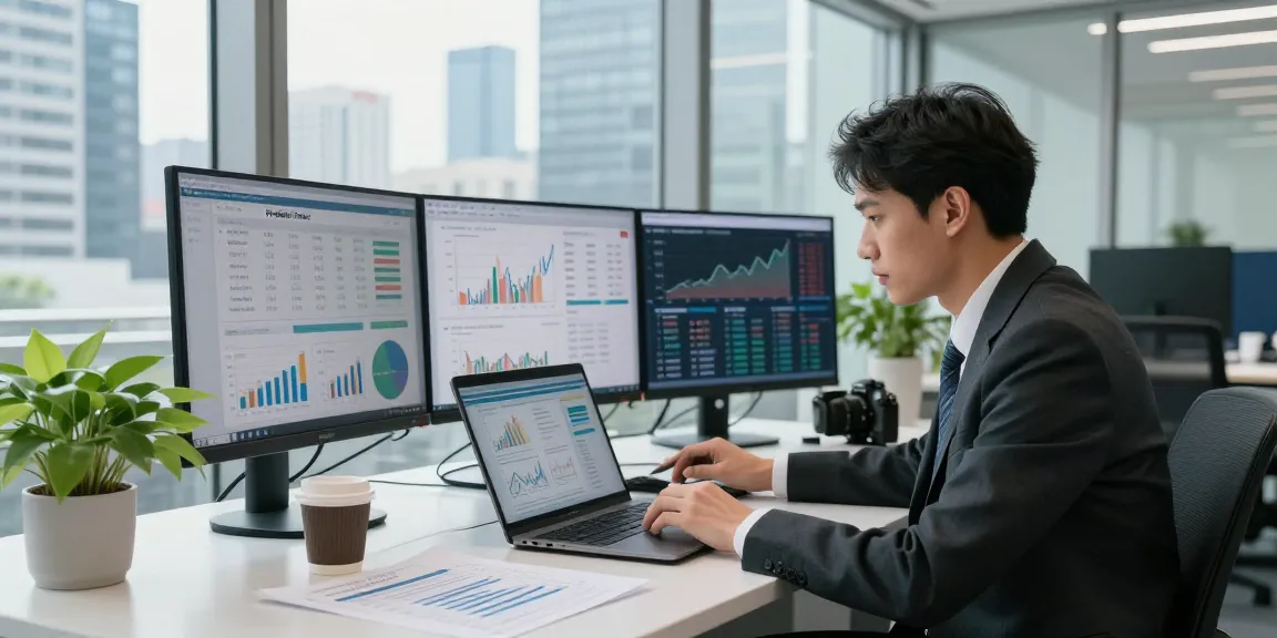 Data analyst reviewing market trends with emphasis on Prediksi 7meter in a modern financial office.