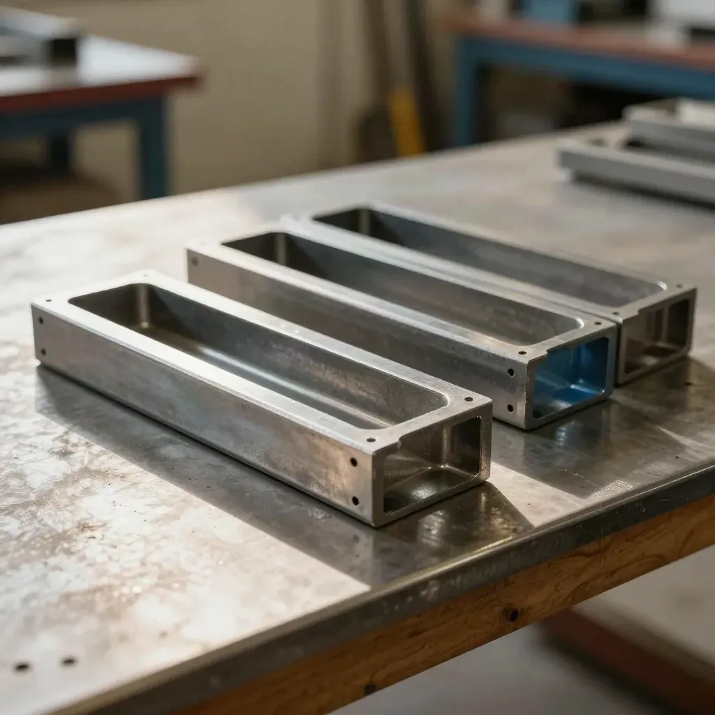 Steel gusset plates and a half-built frame on a fabrication bench in warm workshop light.