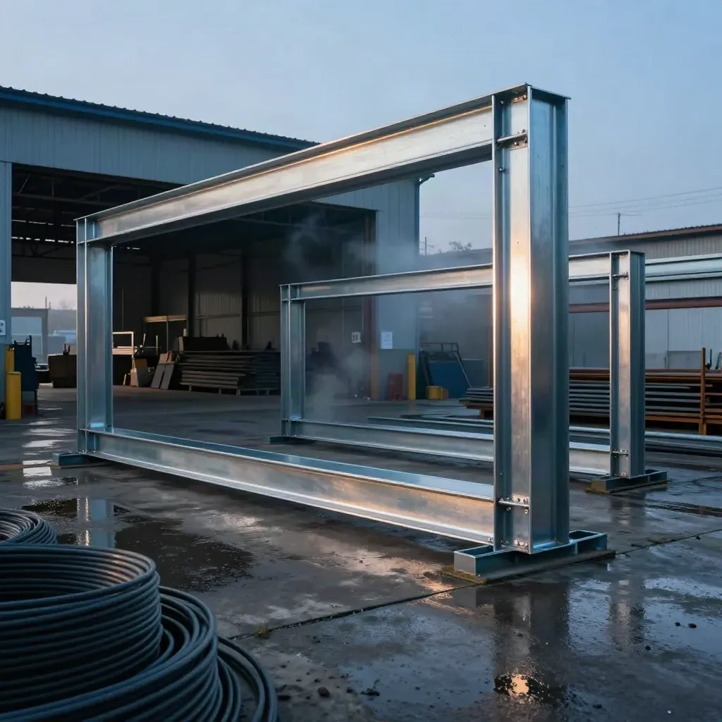 Steel frames and welded brackets in a misty metal bay at blue hour after rain