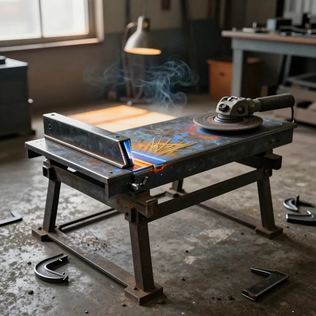 Floor-level view of a clamped welded bracket cooling on a concrete shop floor with smoke and warm light.