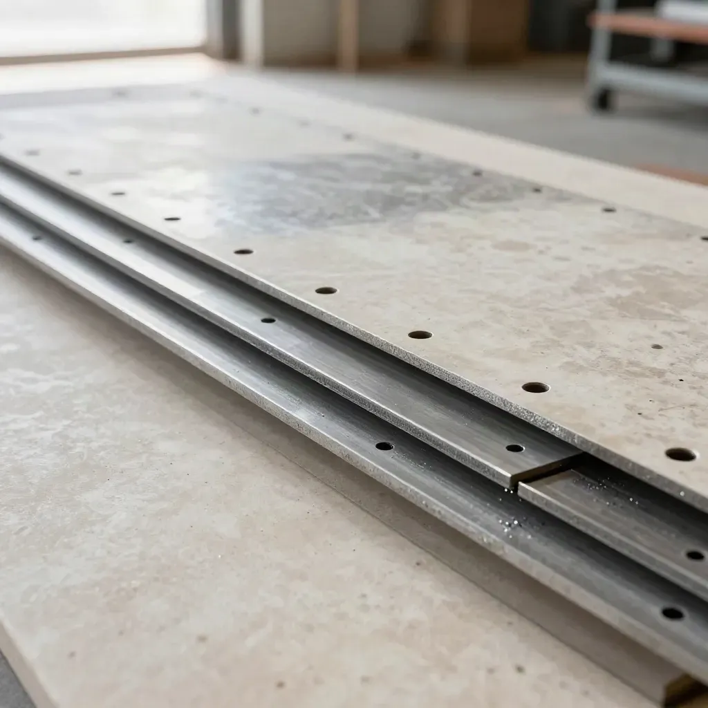 Sheet-metal panels and cutout offcuts on travertine with silver filings drifting in motion.