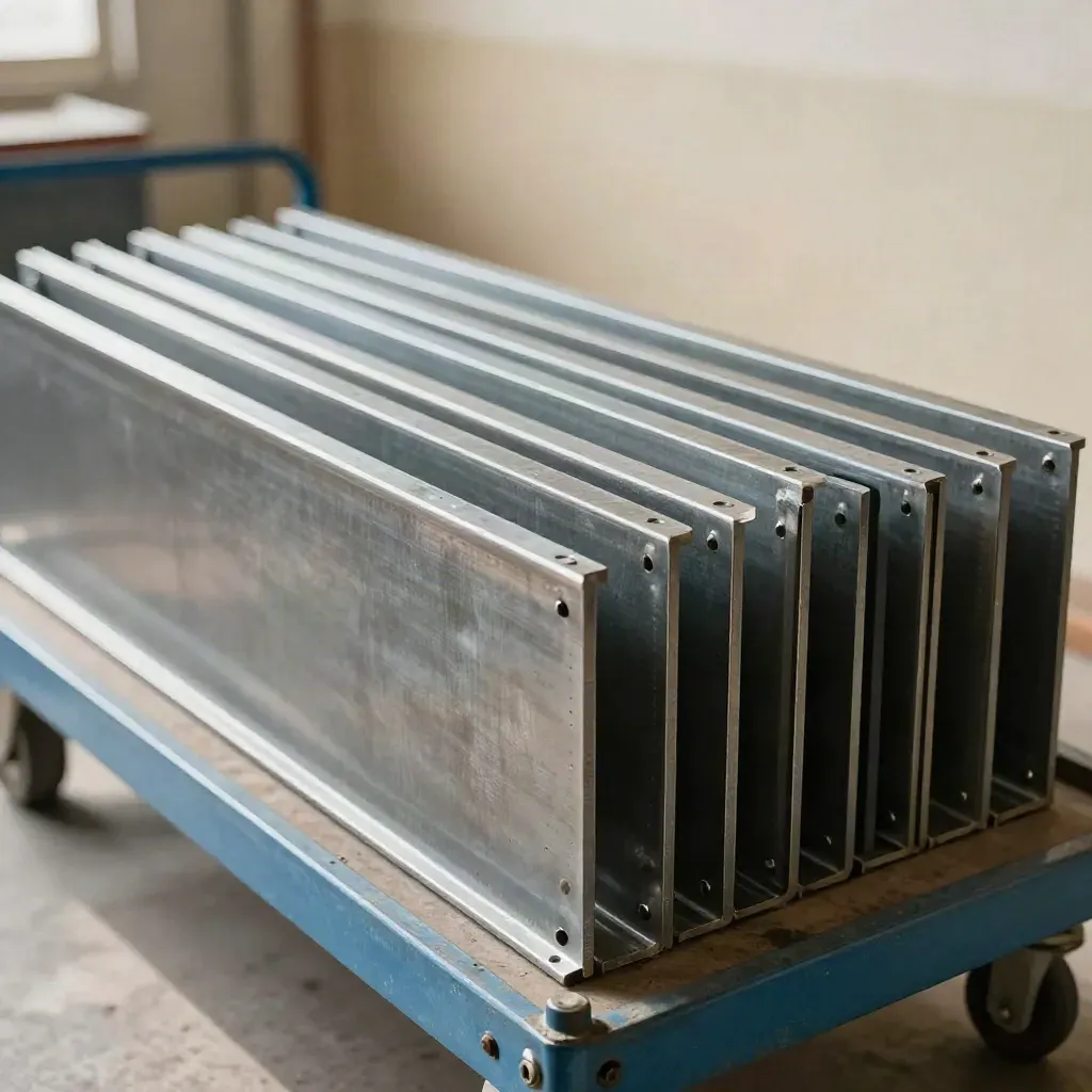 Identical steel frames lined up on a storage cart in a sunlit metal shop.