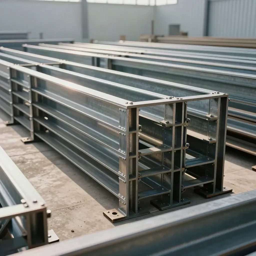 Steel frames installed in a hazy industrial bay, lit dramatically and ready for first use.