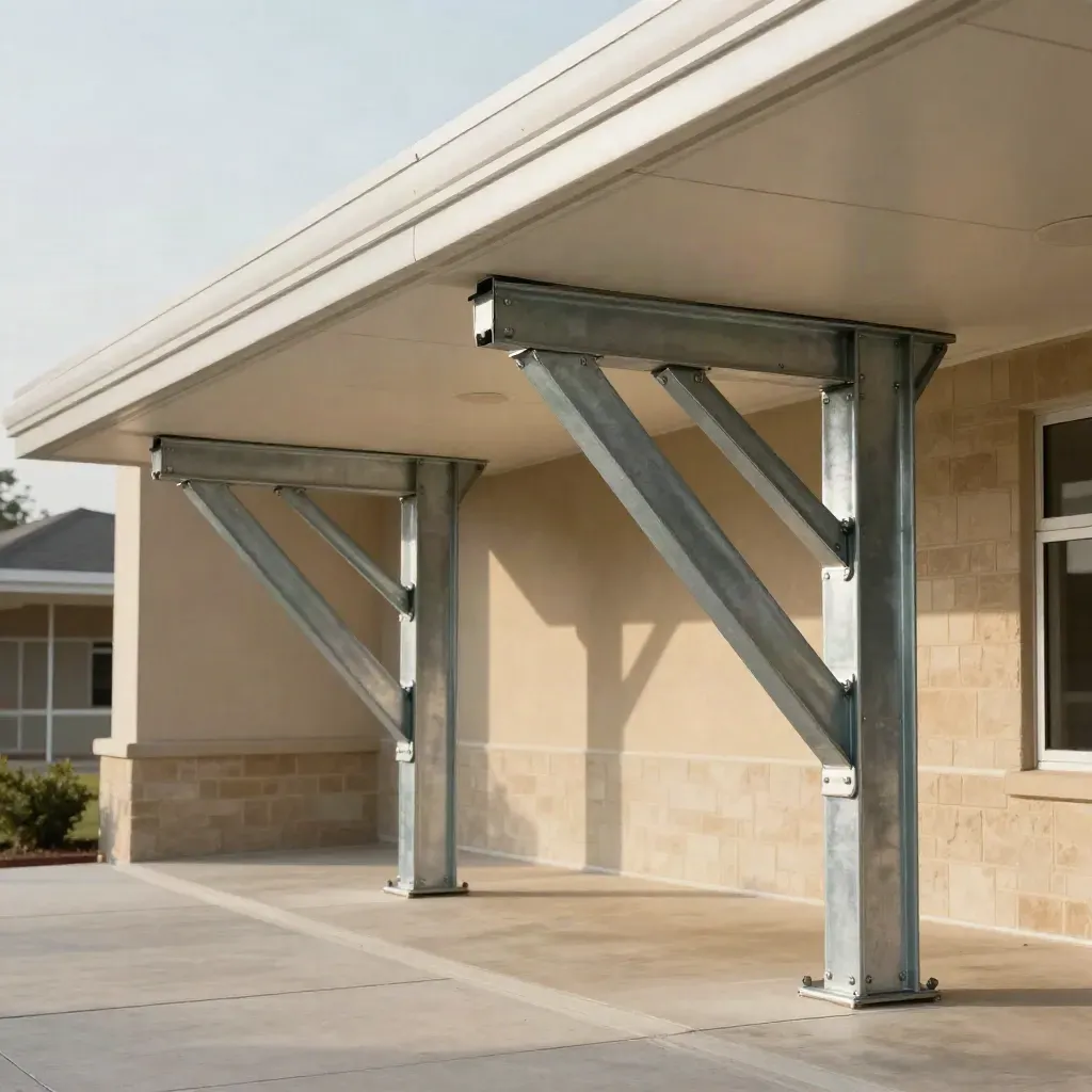 Silver school canopy brackets mounted neatly under a new overhang in bright daylight.