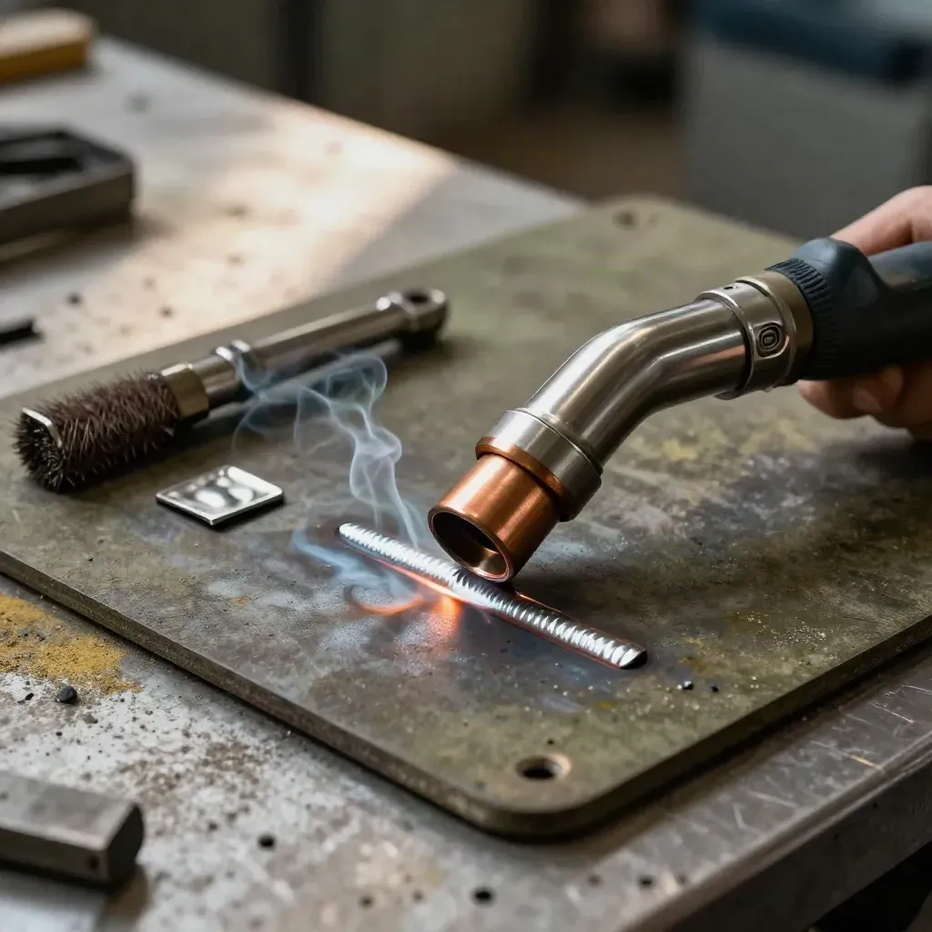 TIG torch, weld beads, and steel brush on a dark work mat with smoke