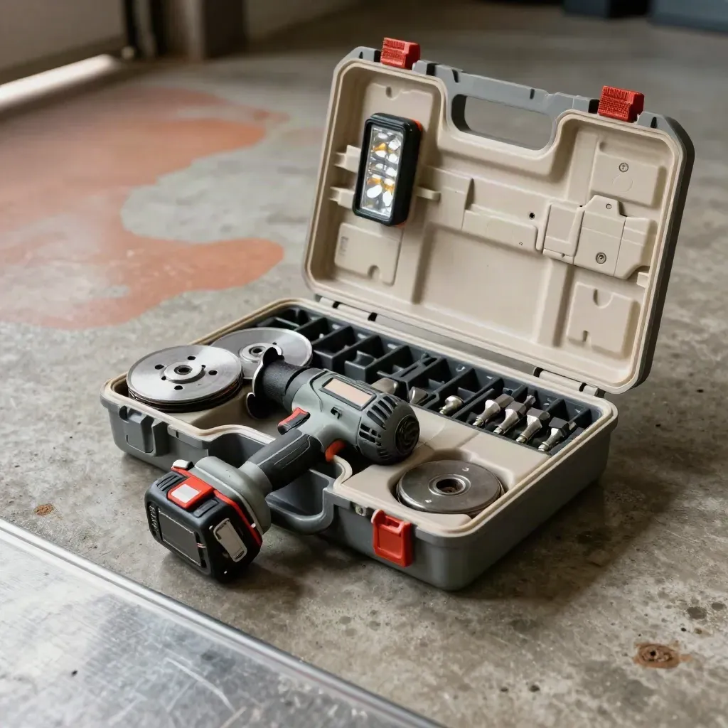 Open metal repair kit with grinder, discs, work light and sockets on a concrete garage floor.