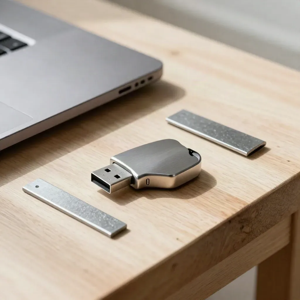 Top-down still life of a USB drive, closed laptop, and steel offcut on pale wood.
