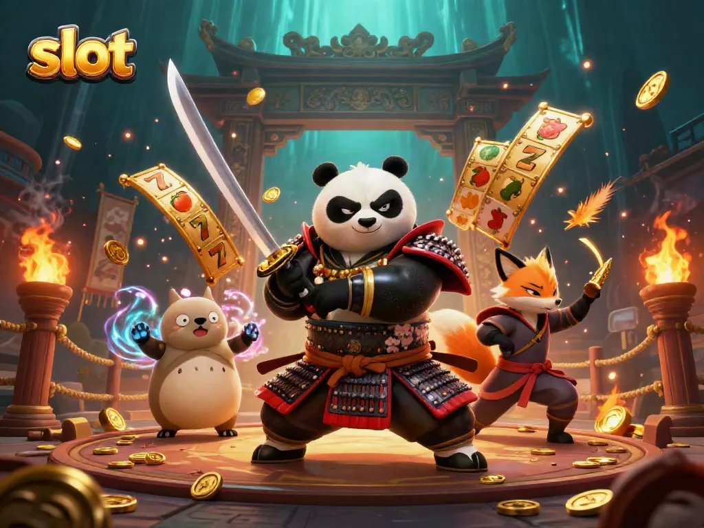 Experience the excitement of the slot with a dynamic samurai panda and ninja in action.