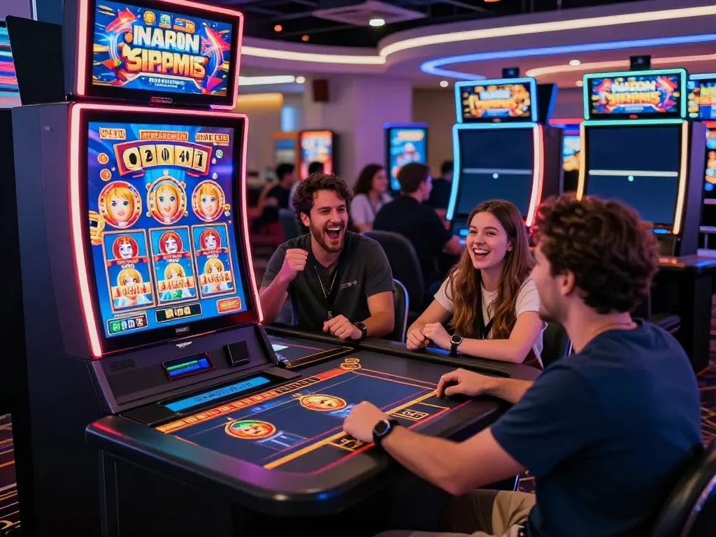 Pengalaman ceria pemain di kasino online, memainkan slot777 di meja modern.