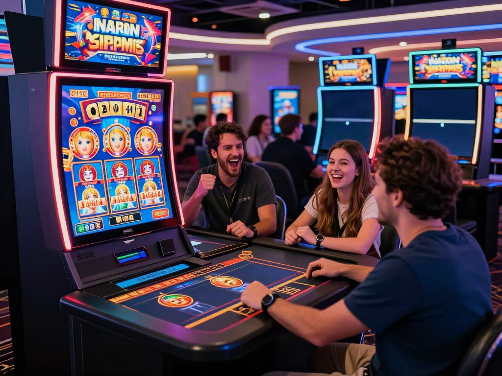 Pengalaman ceria pemain di kasino online, memainkan slot777 di meja modern.