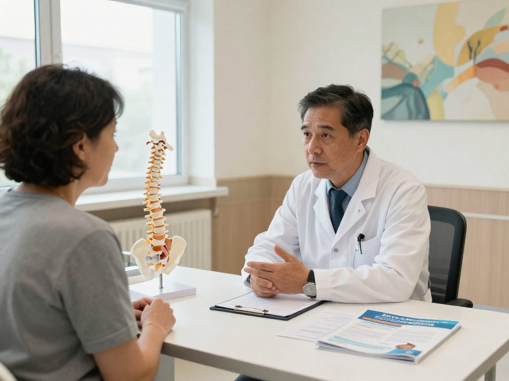 Engaging discussion about bel fıtığı ameliyatı between surgeon and patient in a modern clinic.