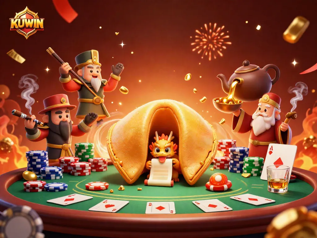 Kuwin's vibrant casino scene features a wise dragon among poker elements, embodying thrill.