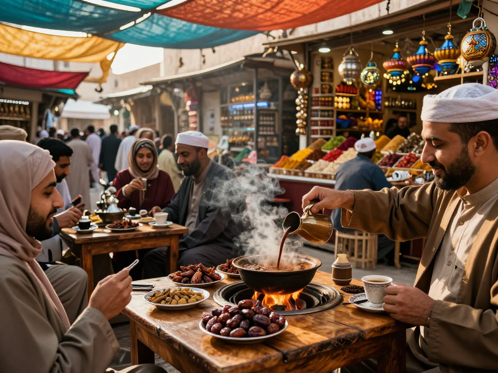قهوجيين وصبابين في مقهى شعبي يعكس الثقافة والتراث، مع أجواء دافئة.