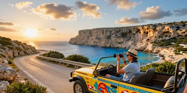 Enjoying a Gozo jeep tour with stunning coastal views at sunset