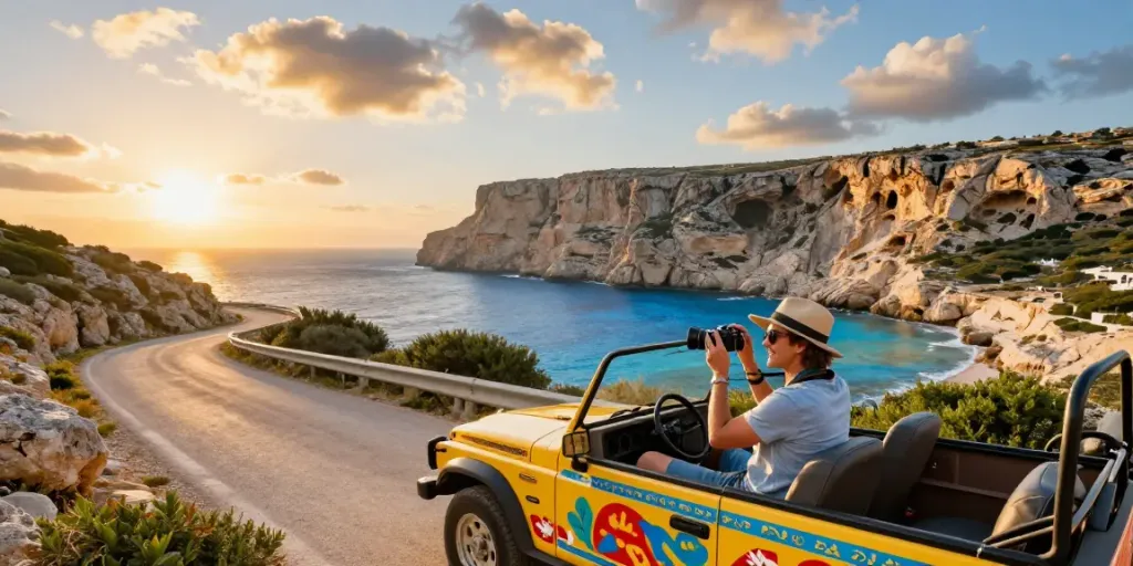 Enjoying a Gozo jeep tour with stunning coastal views at sunset