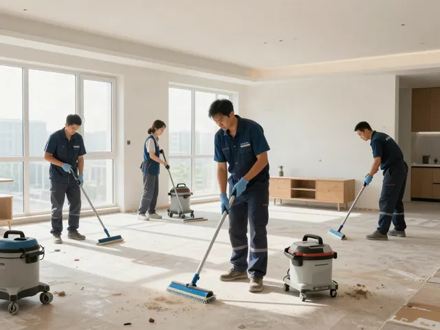 Professionelle Bauendreinigung Firma Bochum reinigt frisch renovierte Wohnung mit modernem Mobiliar und hellem Licht