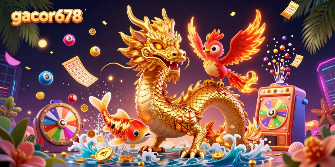 Engage with gacor678 through a vibrant 3D illustration featuring a golden dragon and dynamic casino elements.