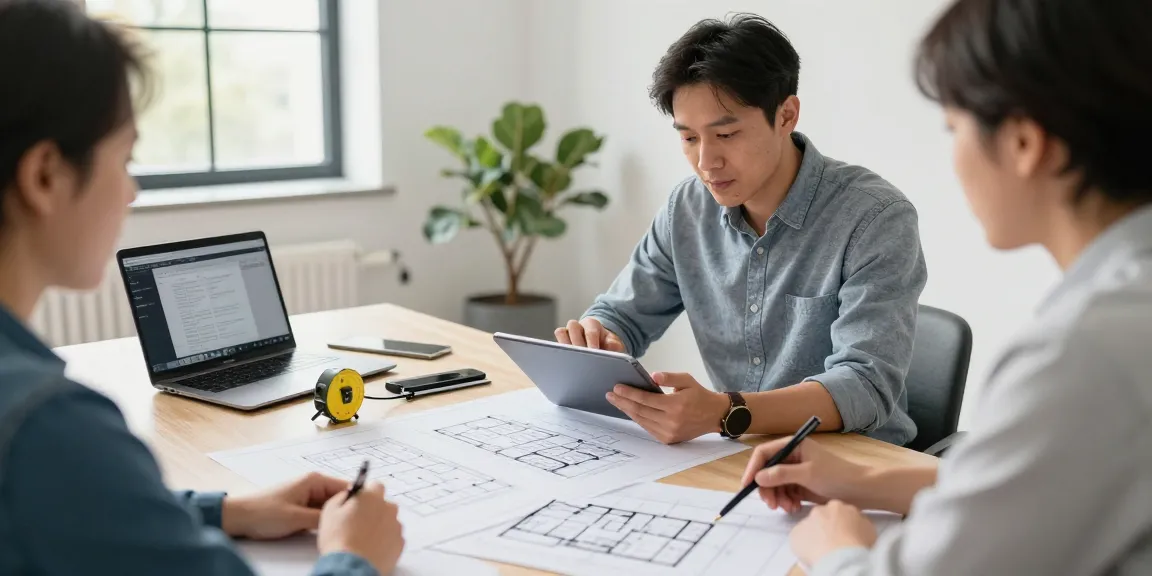 Measured building surveys London experts discussing floor plans in a bright office setting