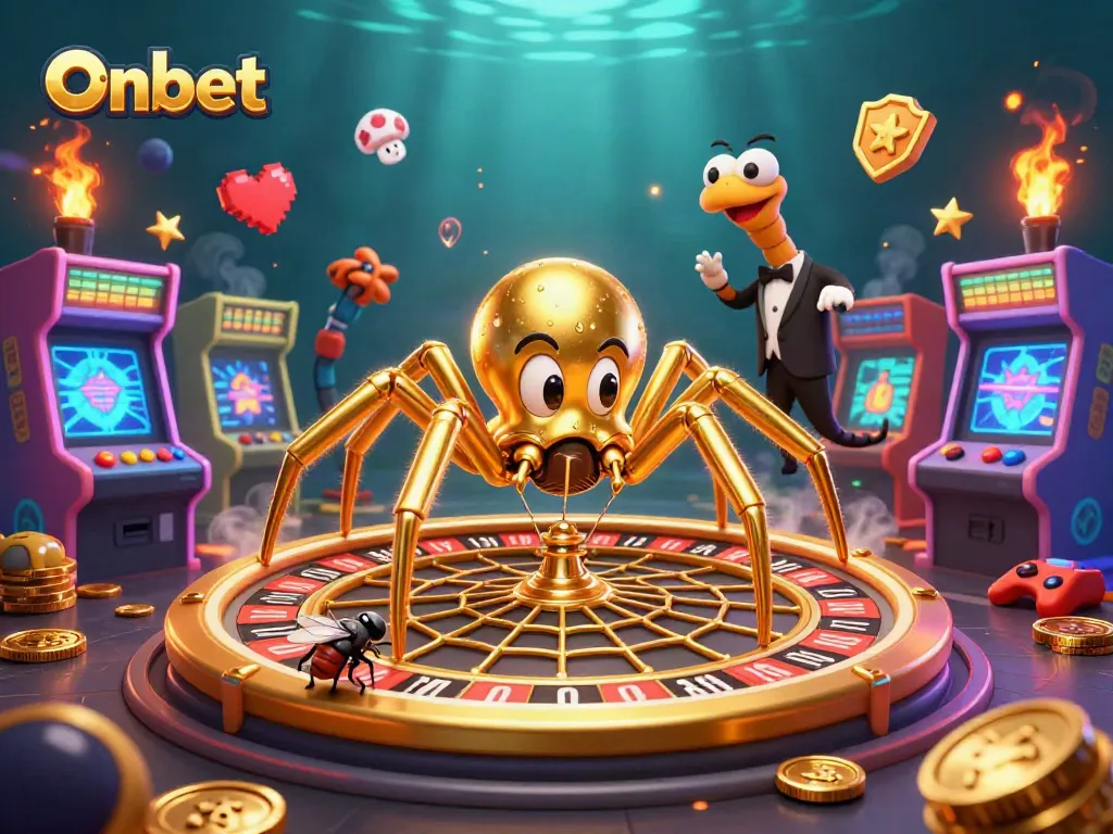 Engage in thrilling bets with Onbet as a golden spider weaves roulette fortune.